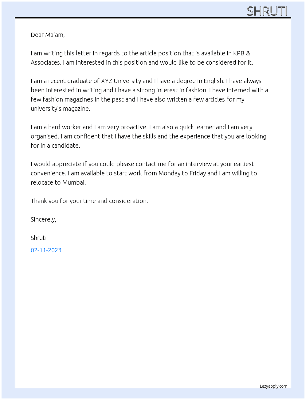 Article  At KPB & Associates  Cover Letter
