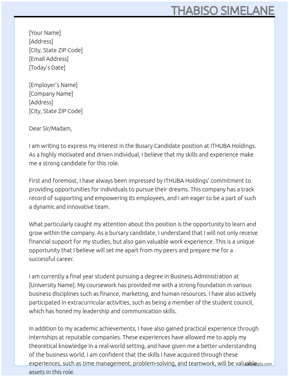 Busary Candidate At ITHUBA Holdings Cover Letter