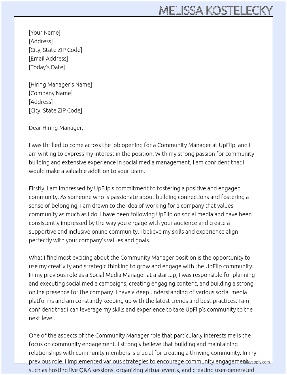 Community Manager At UpFlip Cover Letter