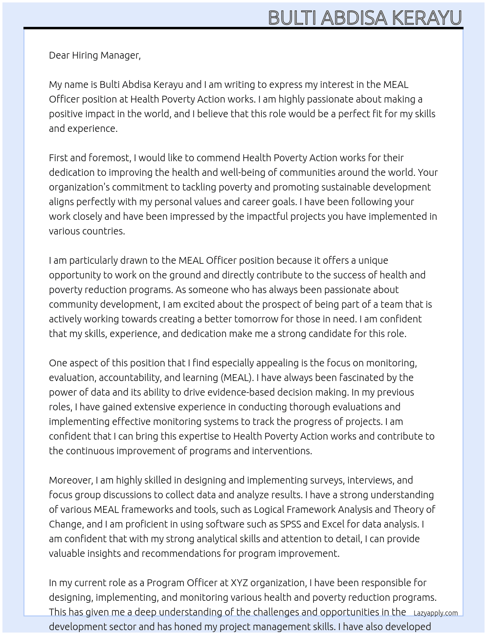 MEAL Officer At Health Poverty Action works Cover Letter