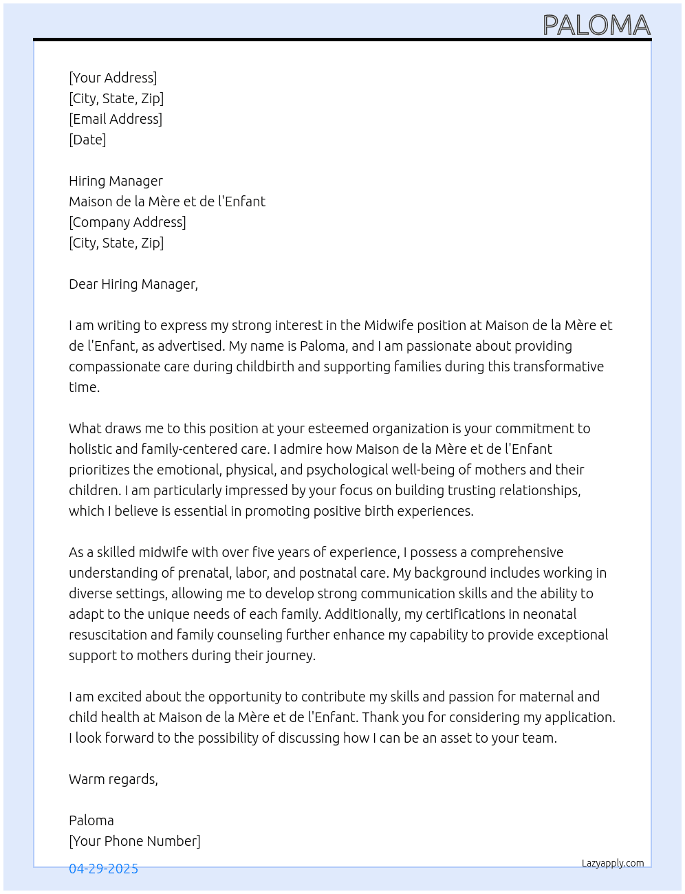 midwife day At  Maison de la Mère et de l'Enfant Cover Letter