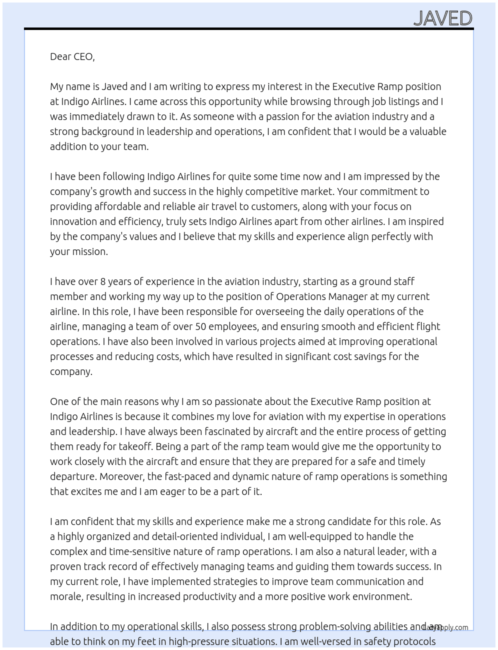 Cover letter for excutive ramp - LazyApply