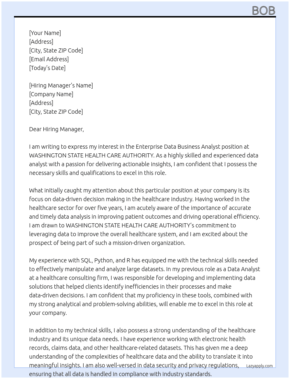Enterprise Data Business Analyst At WASHINGTON STATE HEALTH CARE AUTHORITY Cover Letter