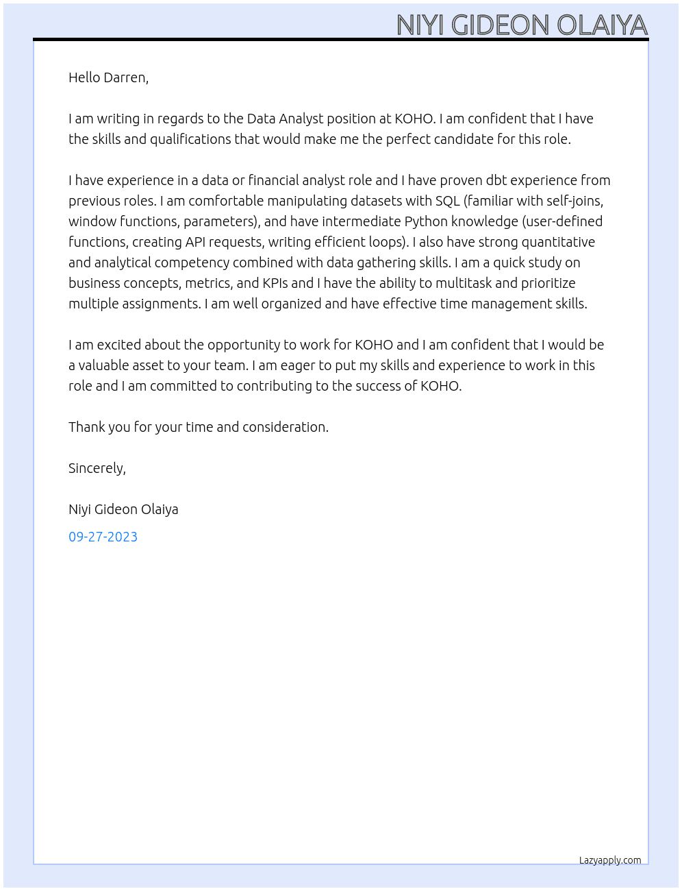 Data analyst At KOHO Cover Letter