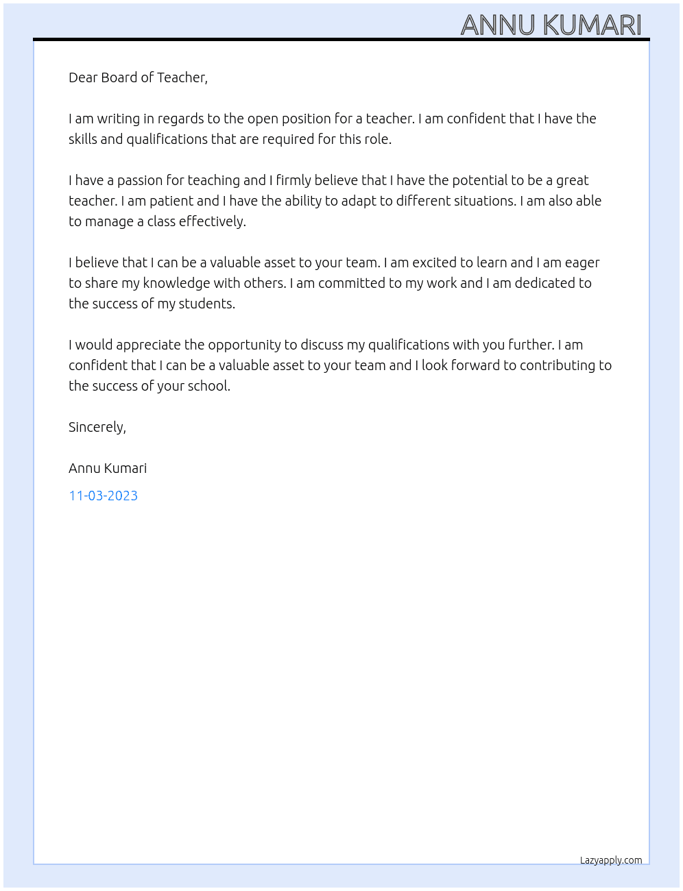 Teacher  At Govtment  Cover Letter