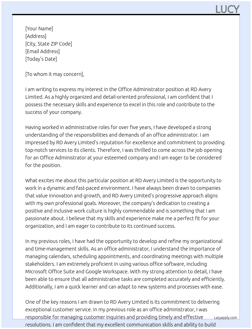 office administrator At RD Avery limited Cover Letter