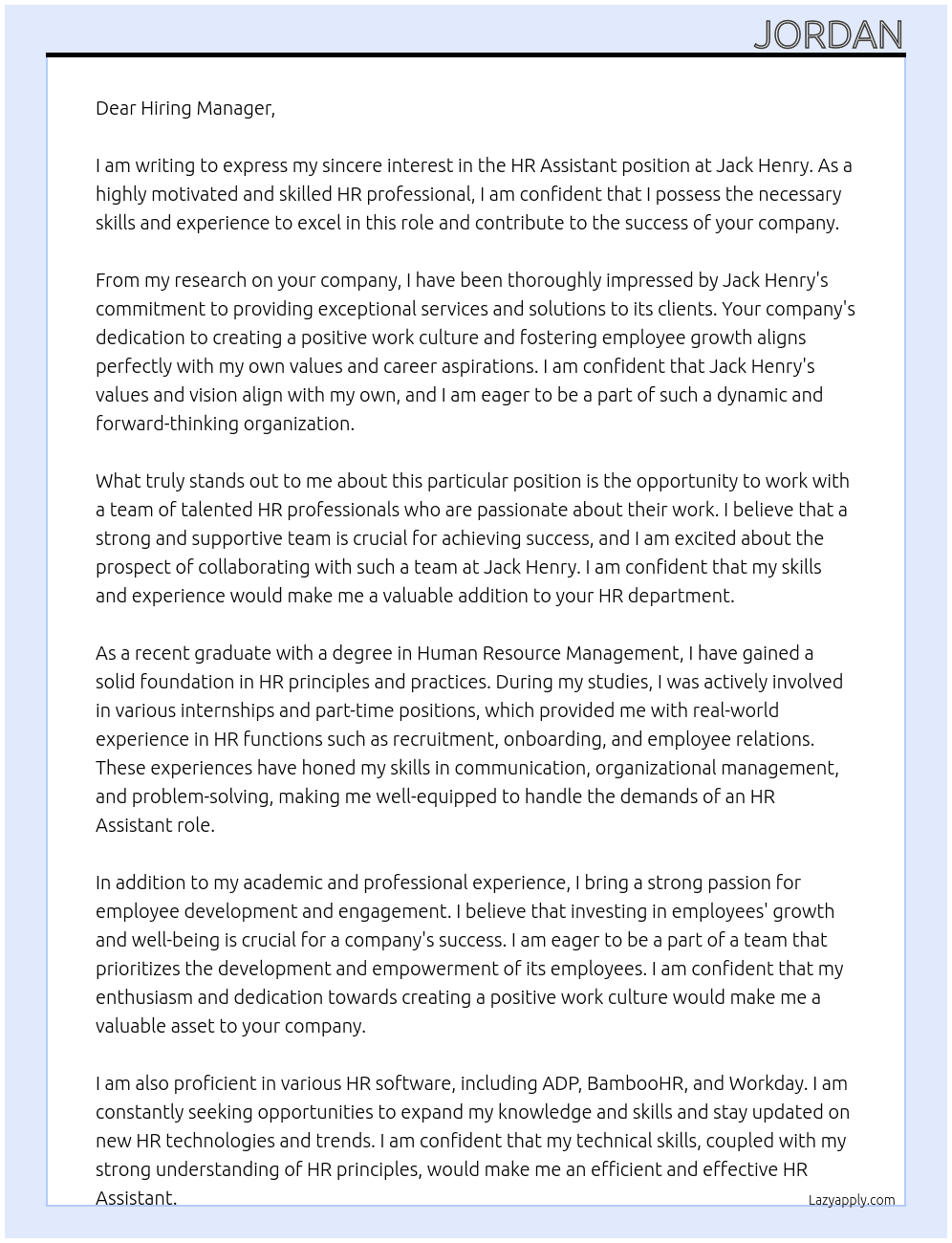 hr assistant At jack henry Cover Letter