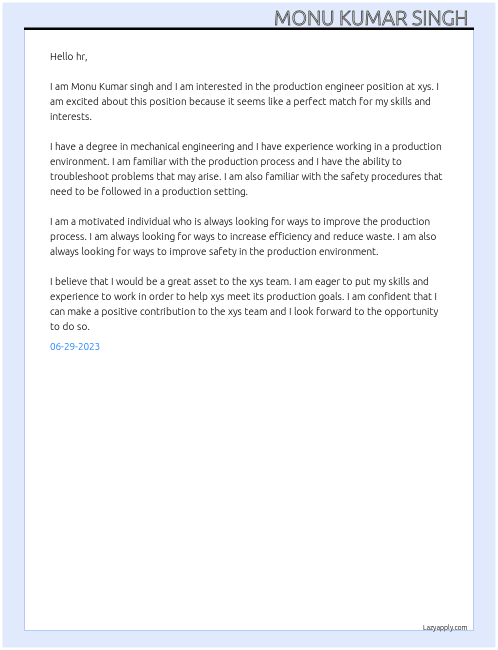 production engineer At xys Cover Letter
