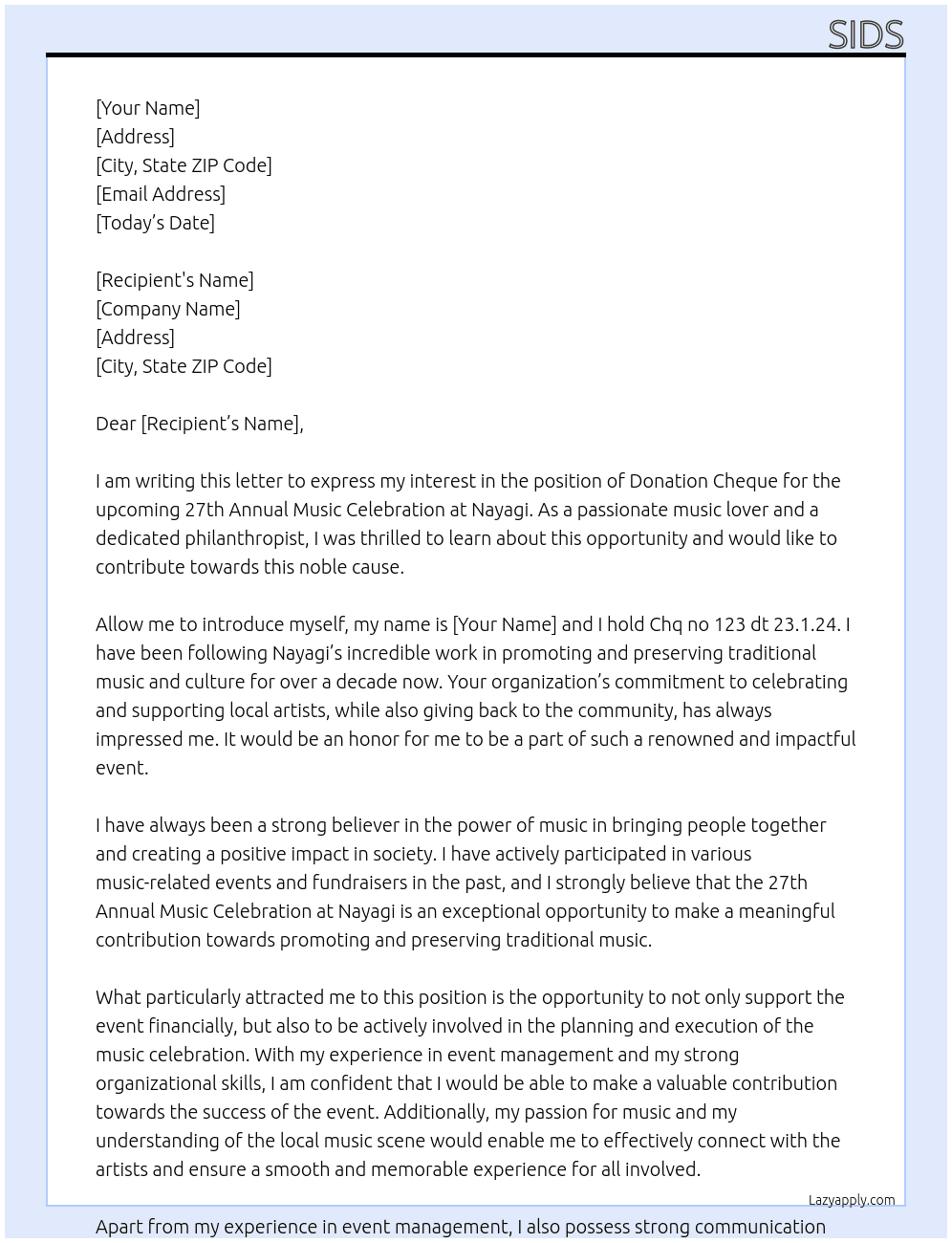 Donation cheque  At Nayagi Cover Letter