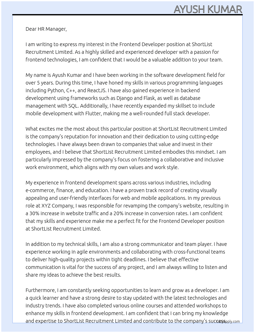 Frontend Developer At ShortList Recruitment Limited  Cover Letter
