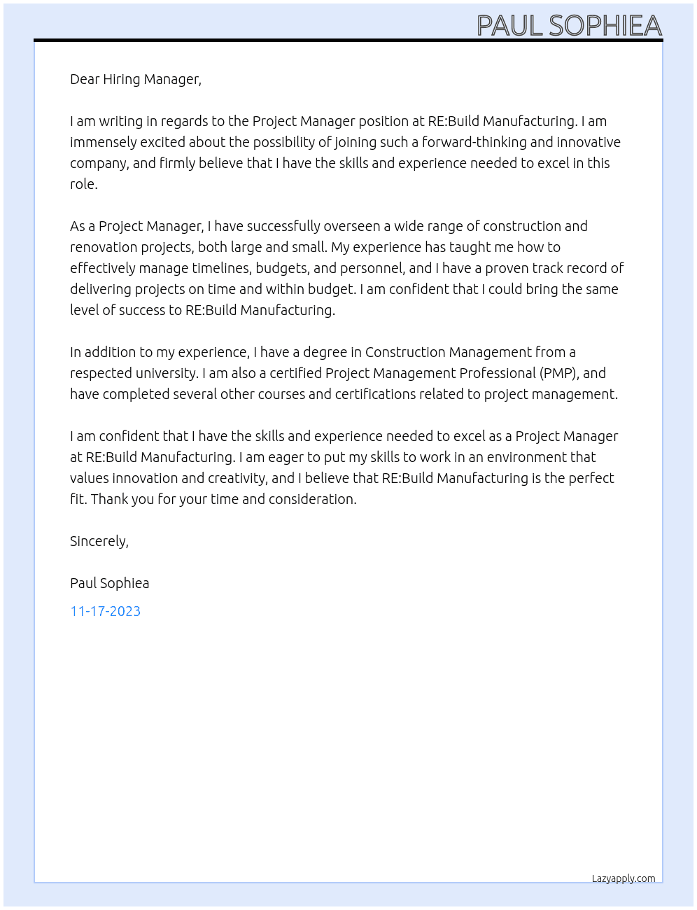 Project Manager At RE:Build Manufacturing Cover Letter
