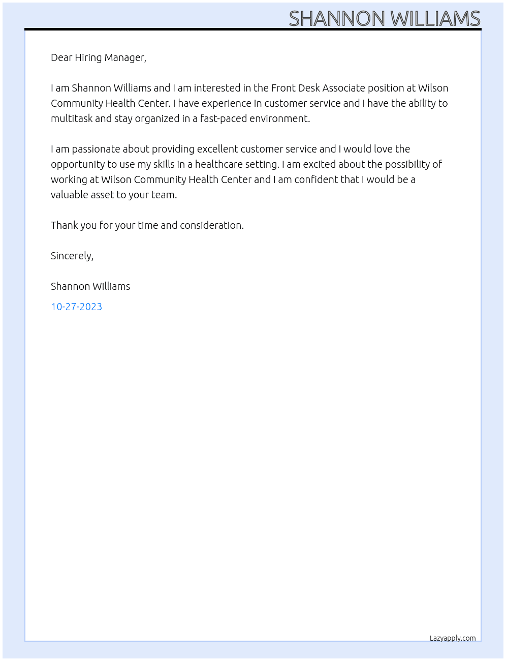 Front Desk Associate At Wilson Community Health Center  Cover Letter