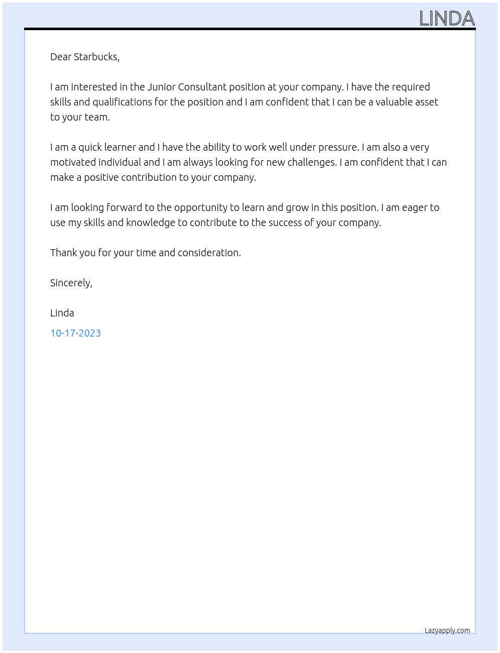 Junior Consultant At Starbucks Cover Letter