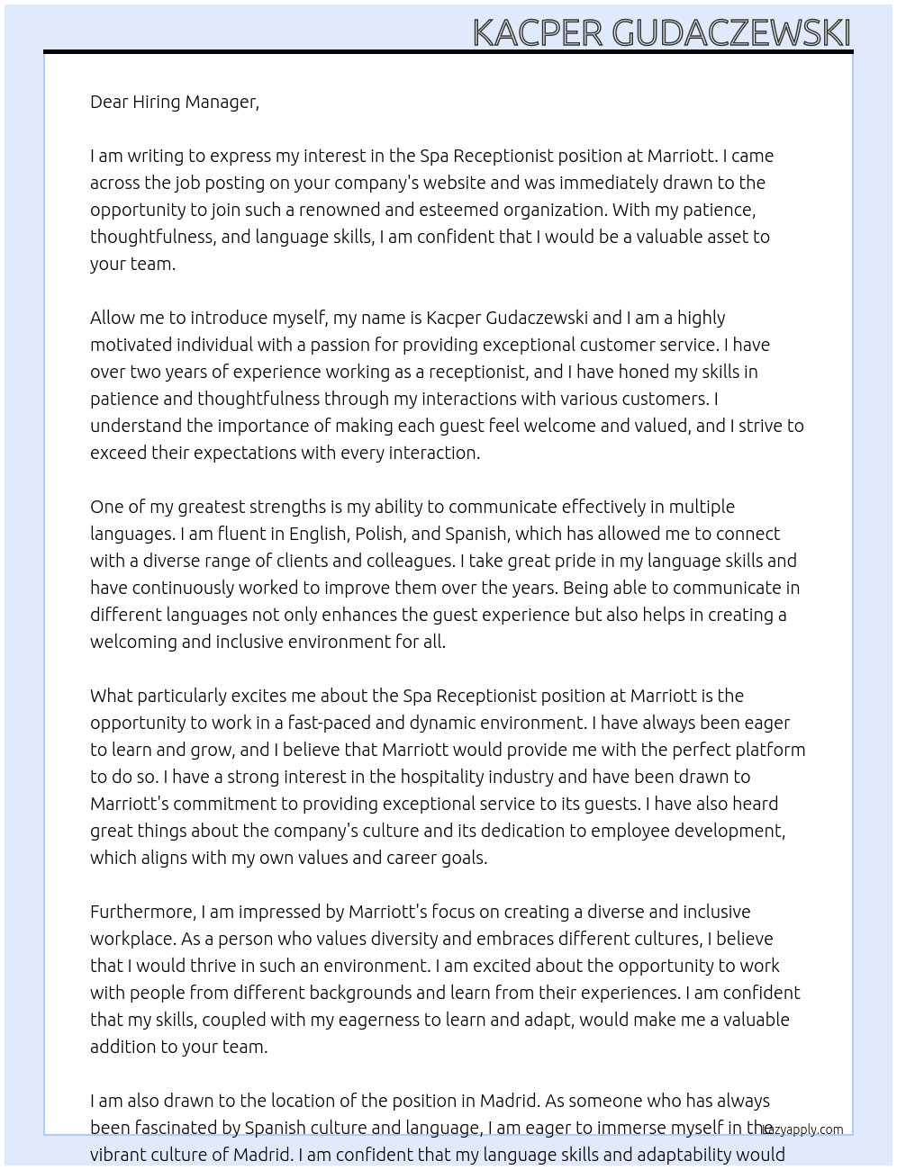 Cover letter for spa receptionist - LazyApply