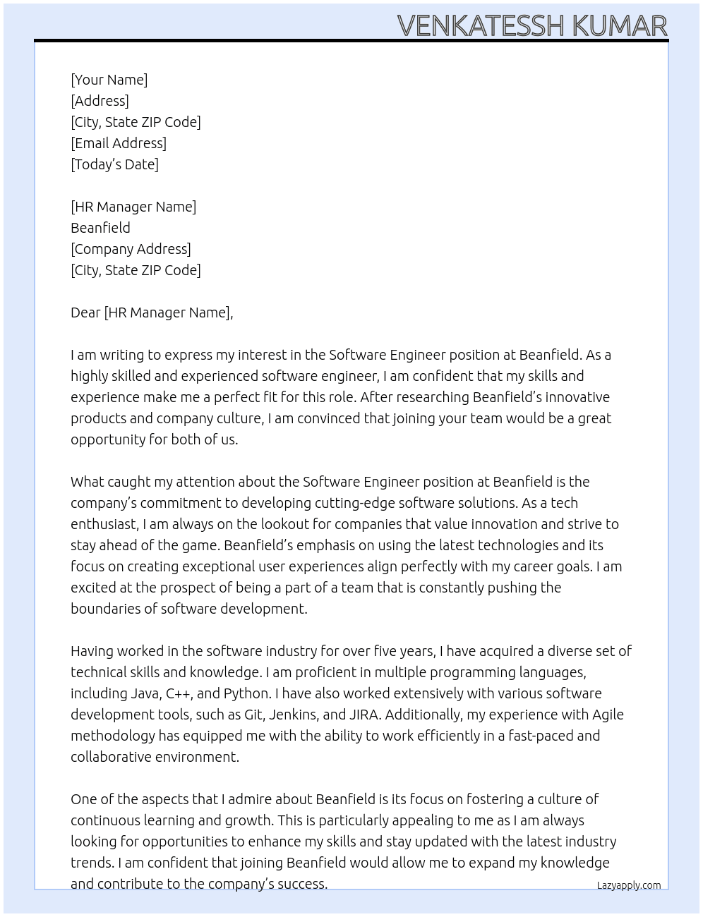 Software Engineer At Beanfield Cover Letter