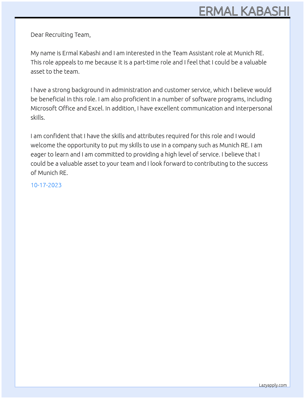 Team Assistant  At Munich RE Cover Letter