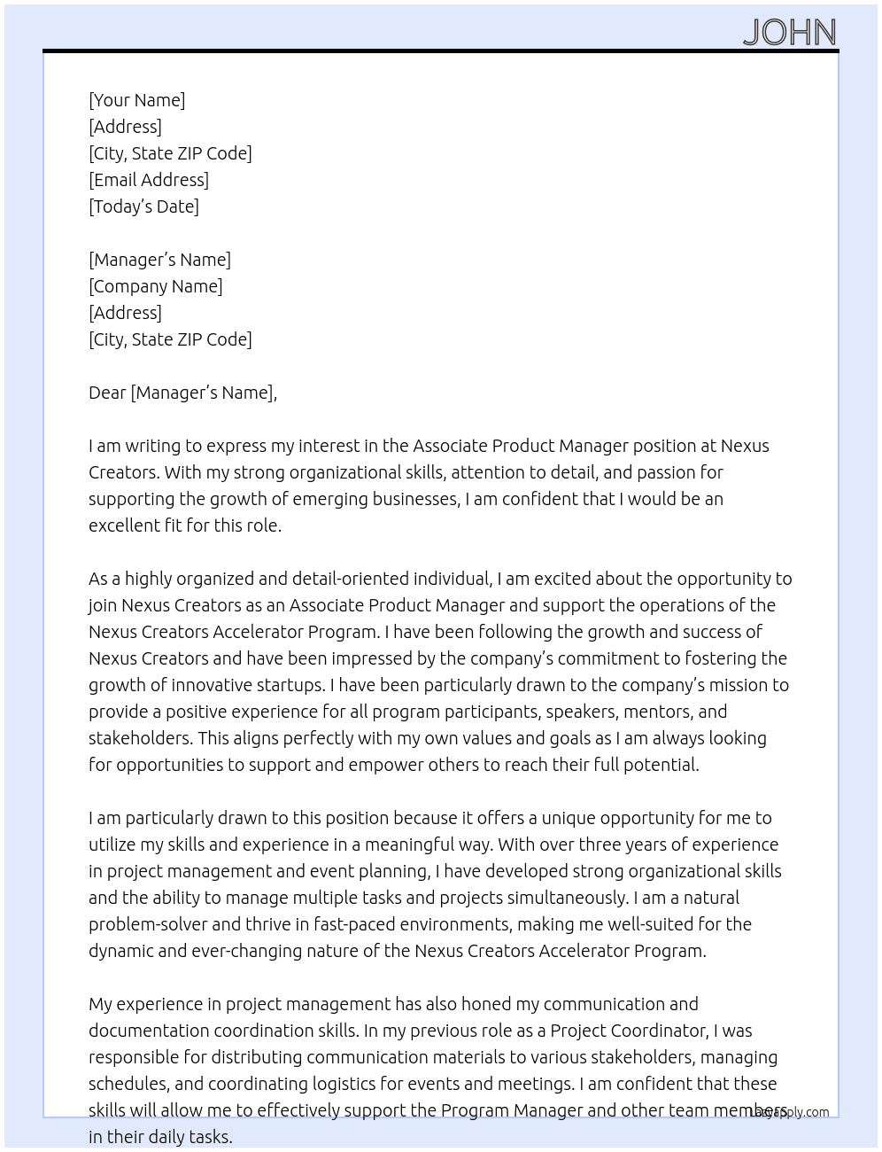 Associate Product Manager At nexus creators Cover Letter