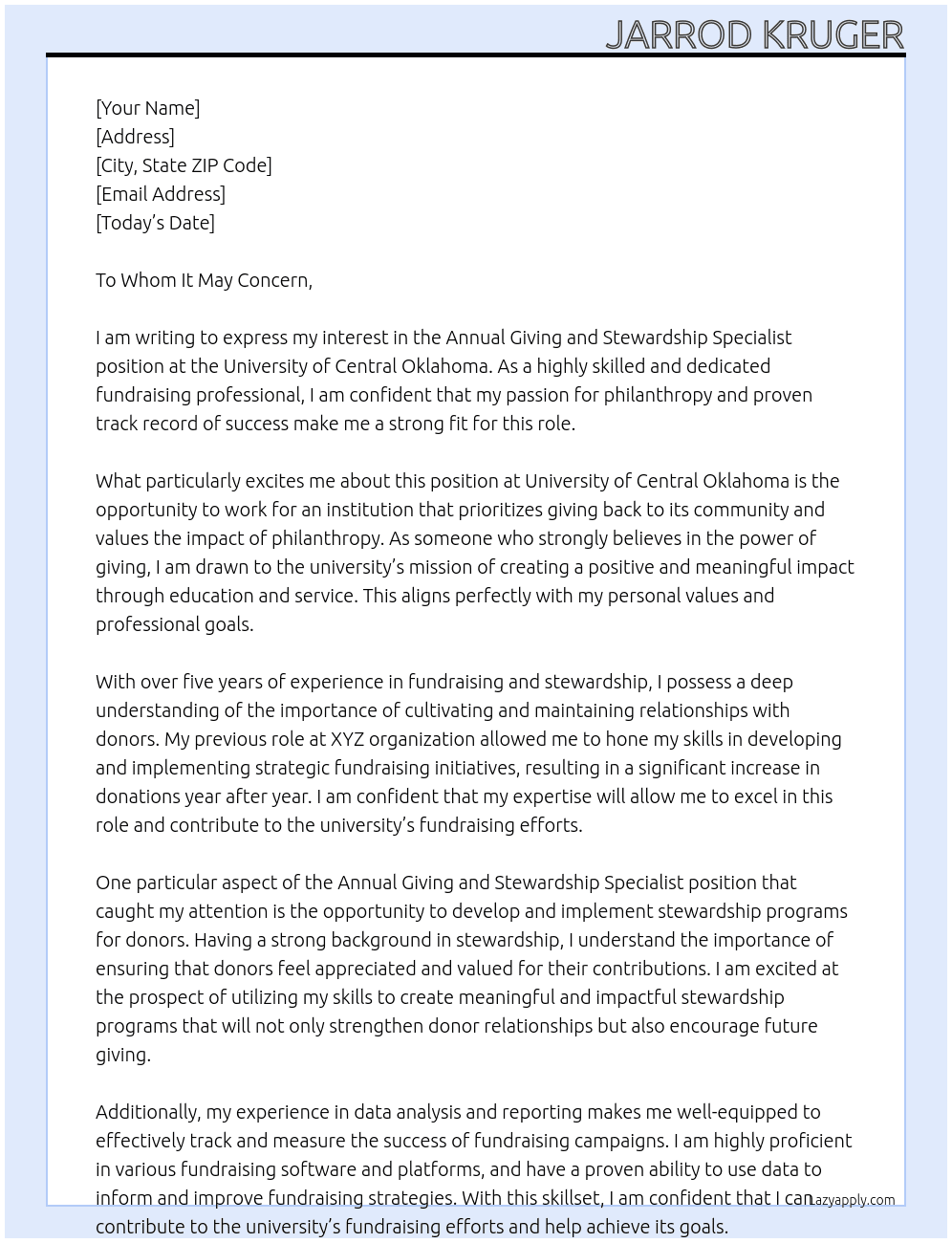Annual Giving and Stewardship Specialist- At University of Central Oklahoma Cover Letter