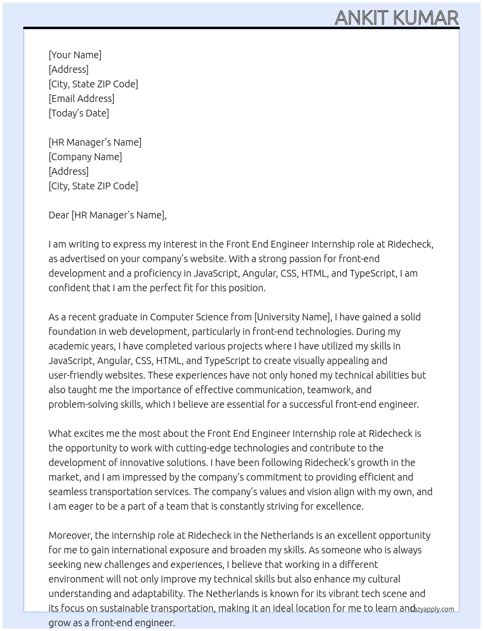 front end engineer At ridecheck Cover Letter