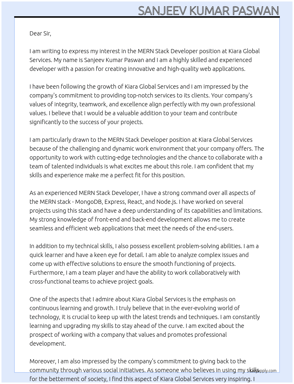 mern stack developer At kiara global services Cover Letter