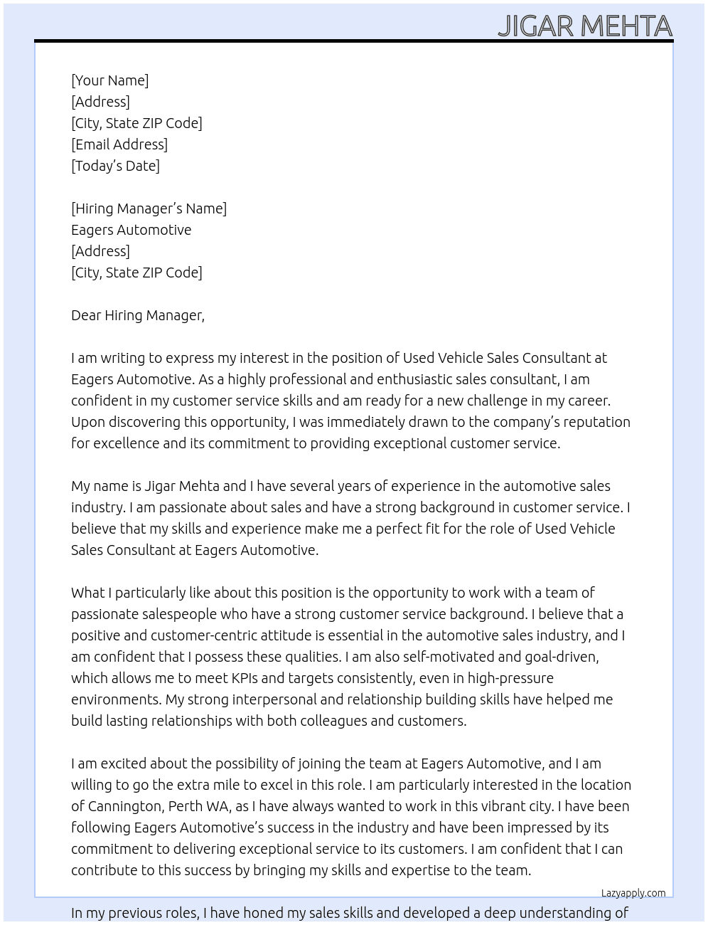 Used Vehicle Sales Consultant At Eagers Automotive Cover Letter