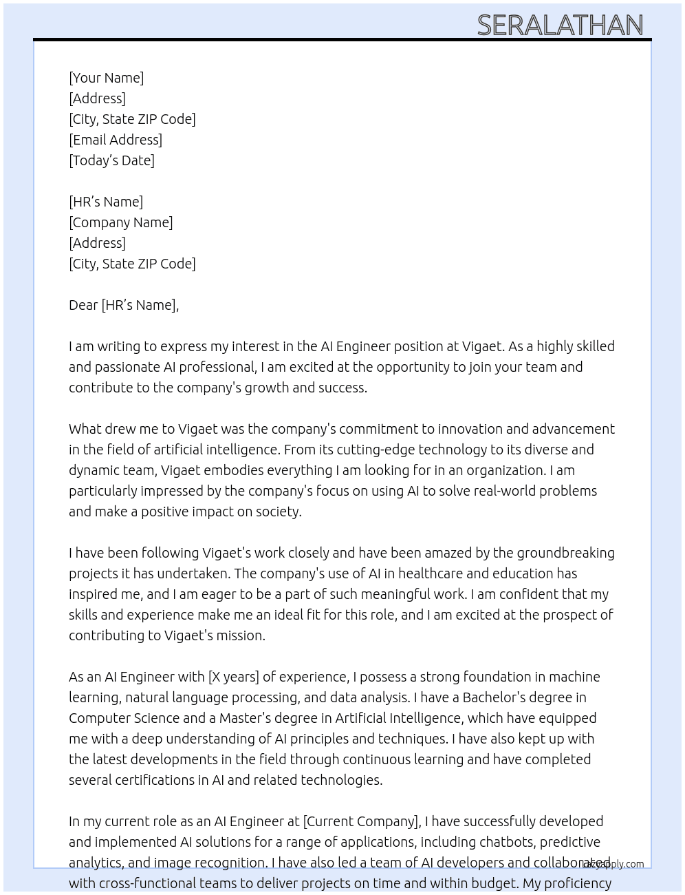 AI ENGINEER  At vigaet Cover Letter