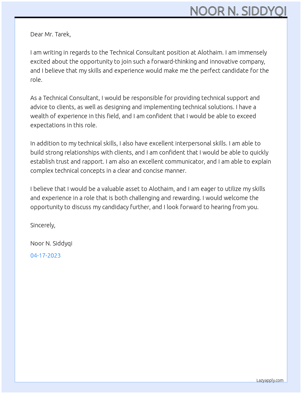 Technical Consultant At Alothaim Cover Letter