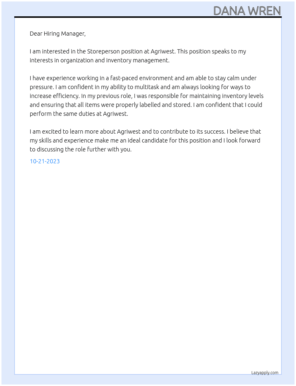 Storeperson At Agriwest Cover Letter