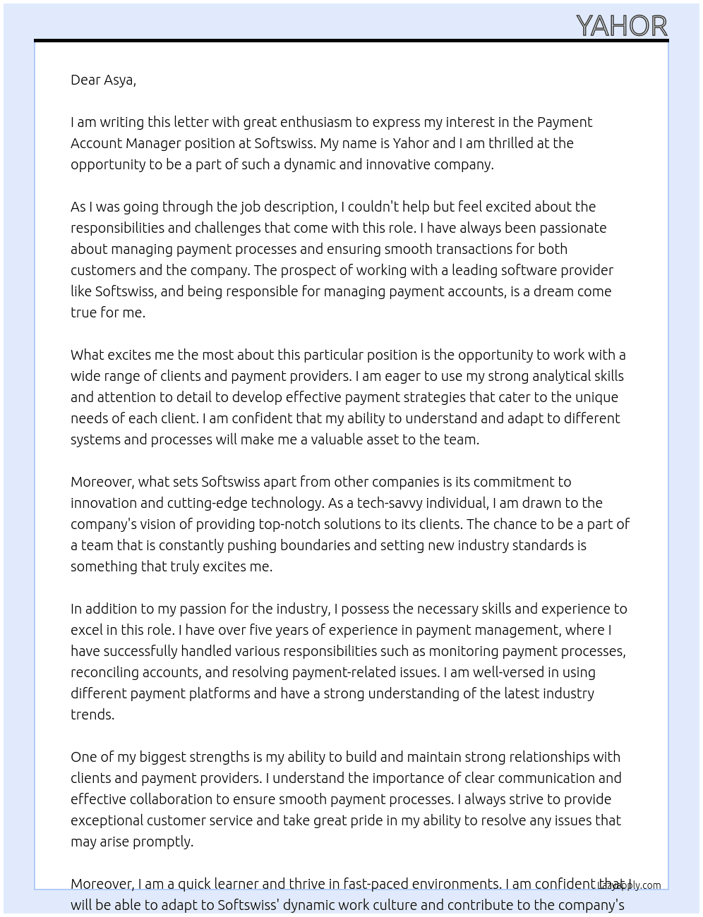 Payment Account Manager At Softswiss Cover Letter