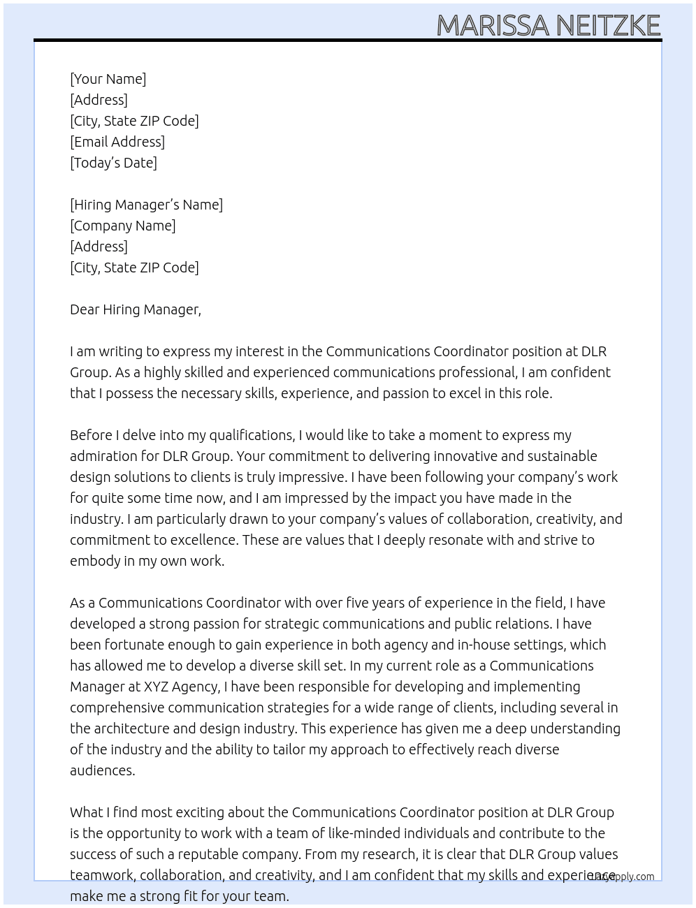 Communications Coordinator At DLR Group Cover Letter
