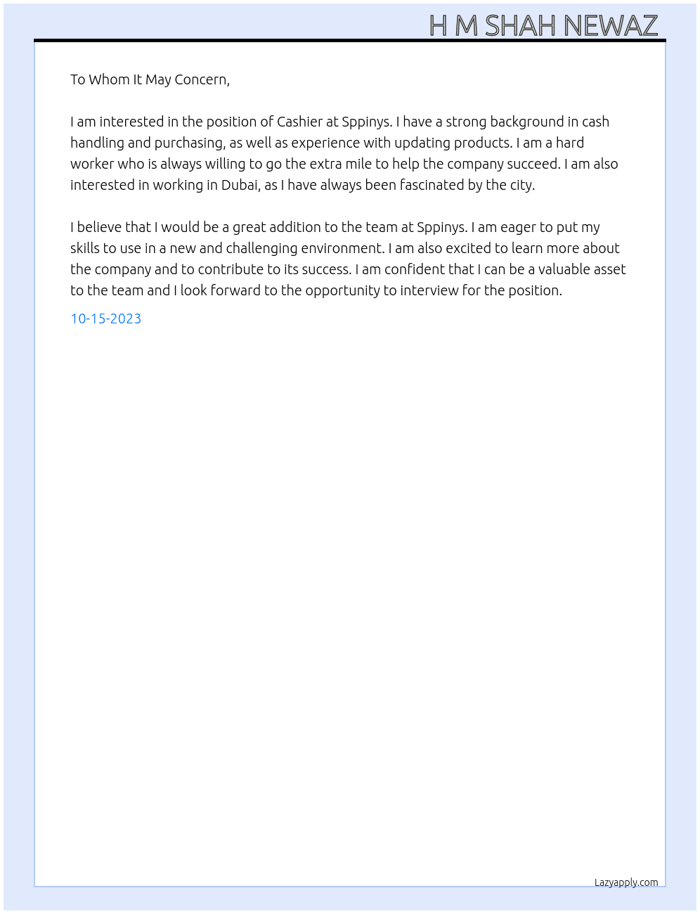 Cashier  At Sppinys Cover Letter