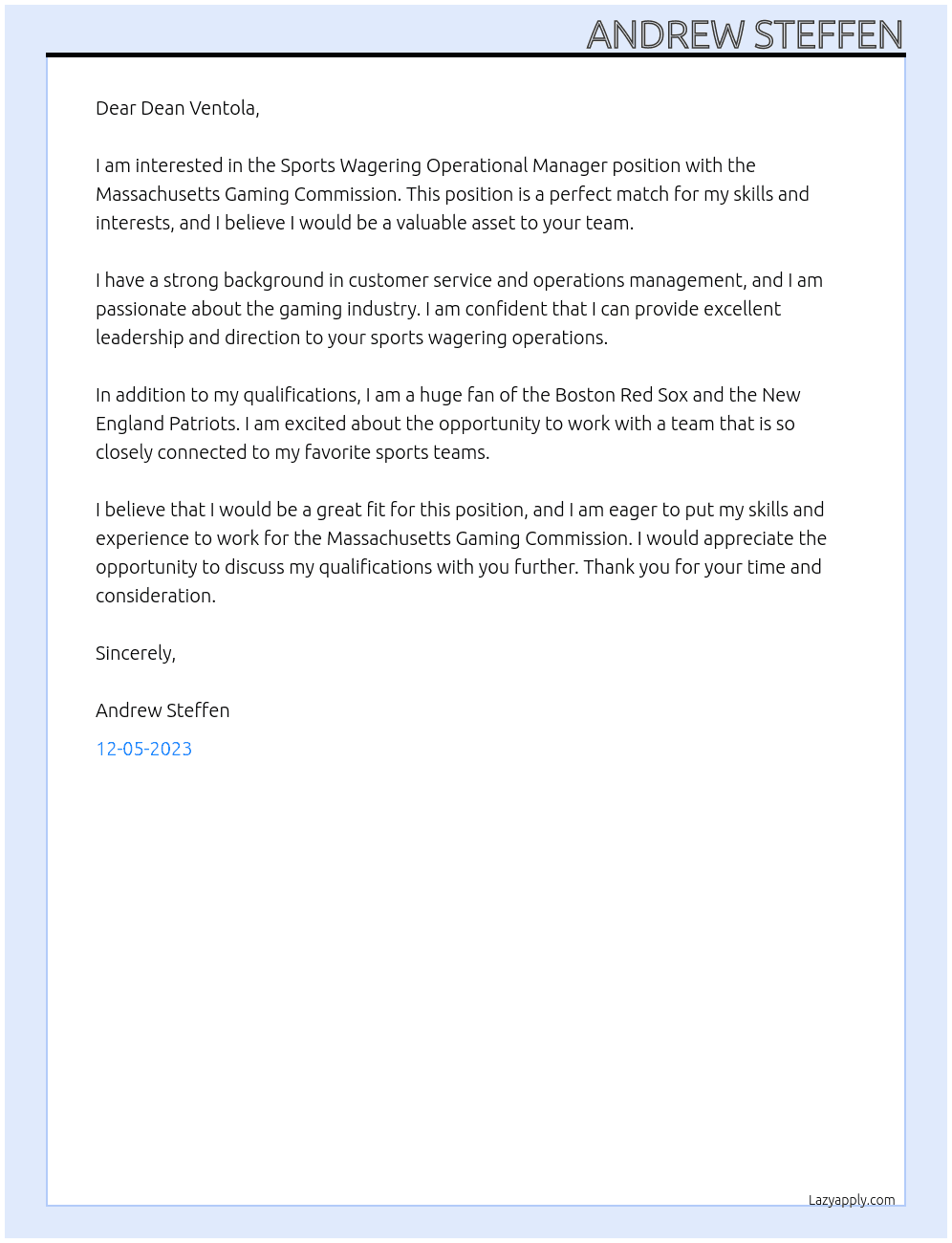 Sports Wagering Operational Manager At Massachusetts Gaming Commission Cover Letter