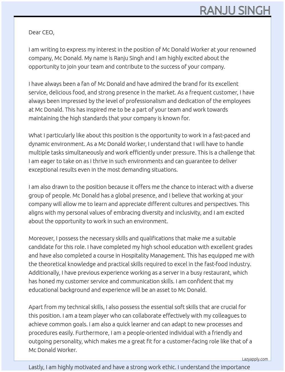 Mc Donald Worker At Mc Donald Cover Letter