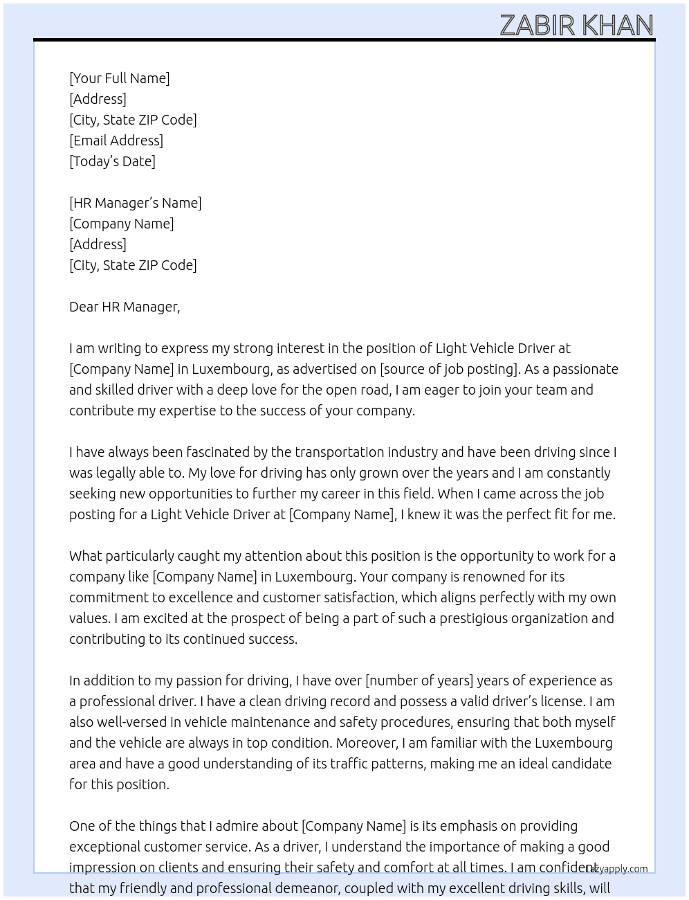 Light vehicle Driver At Luxembourg Cover Letter