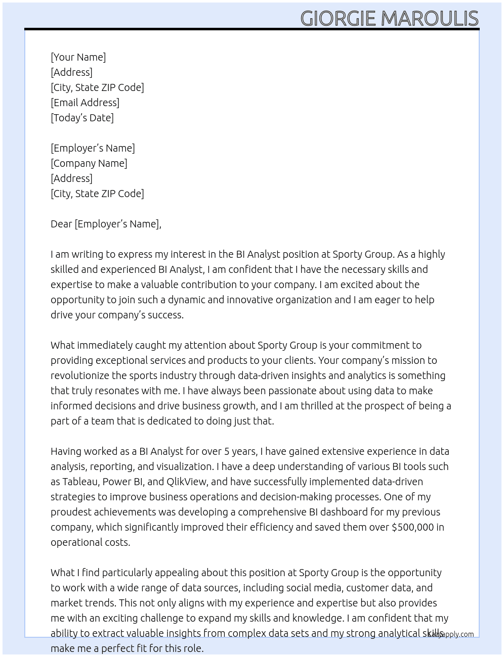 BI Analyst At Sporty Group Cover Letter