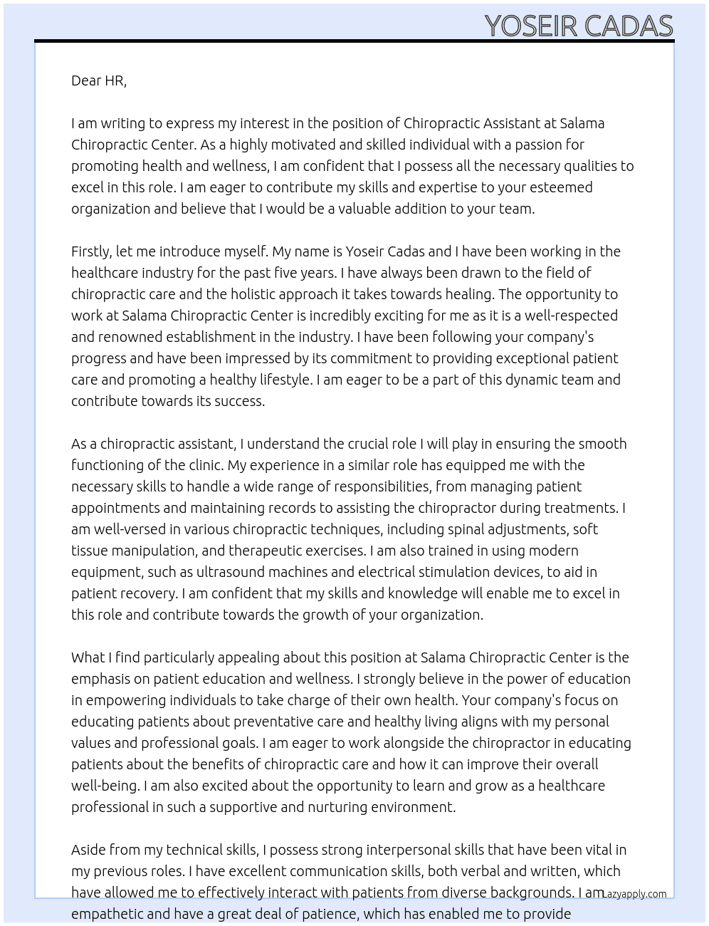 Chiropractic assistant  At Salama chiropractic center Cover Letter