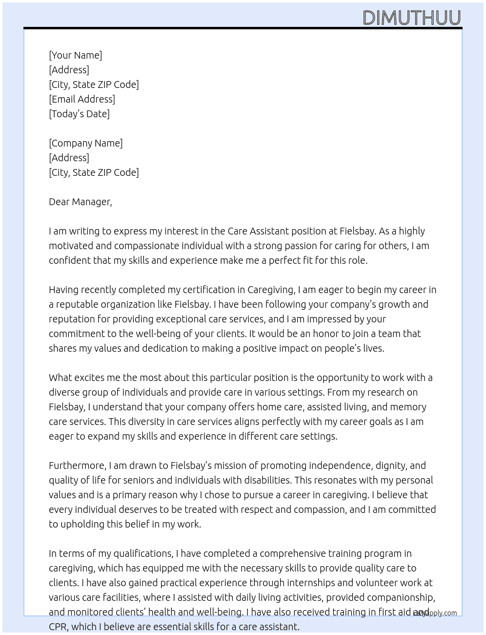 care assistant At fielsbay Cover Letter