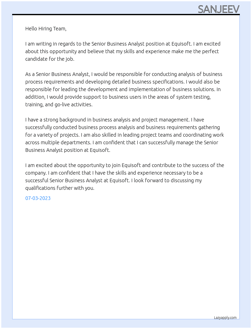 Senior Business Analyst At Equisoft Cover Letter