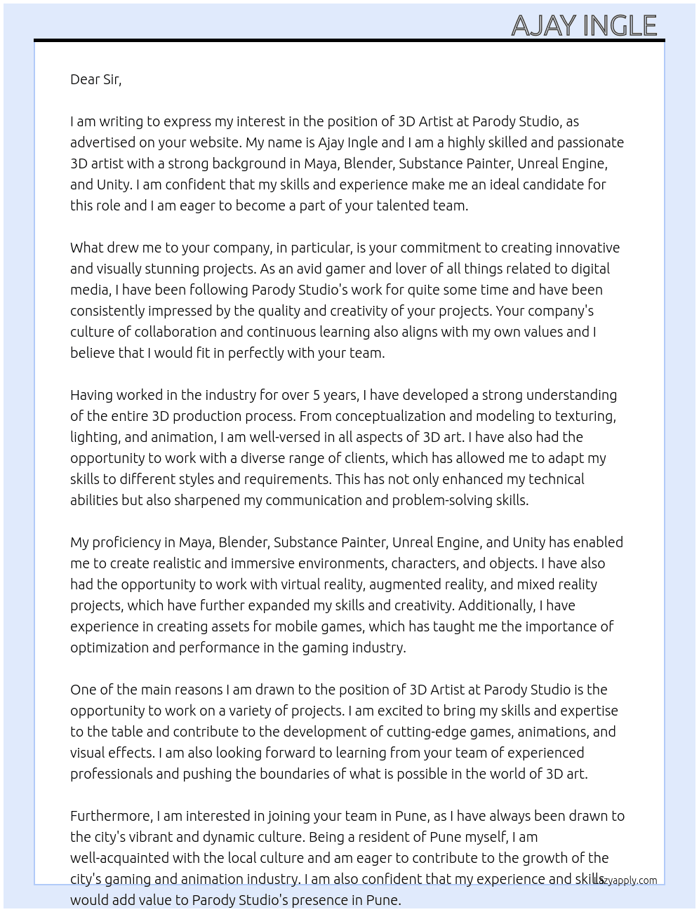3d artist  At Parody studio  Cover Letter