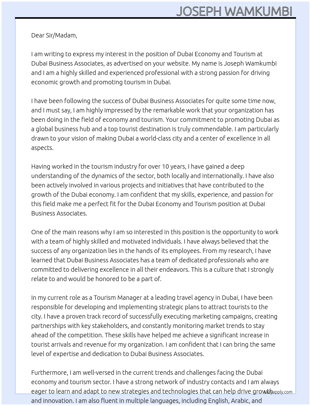 Dubai economy and tourism  At Dubai Business Associates  Cover Letter