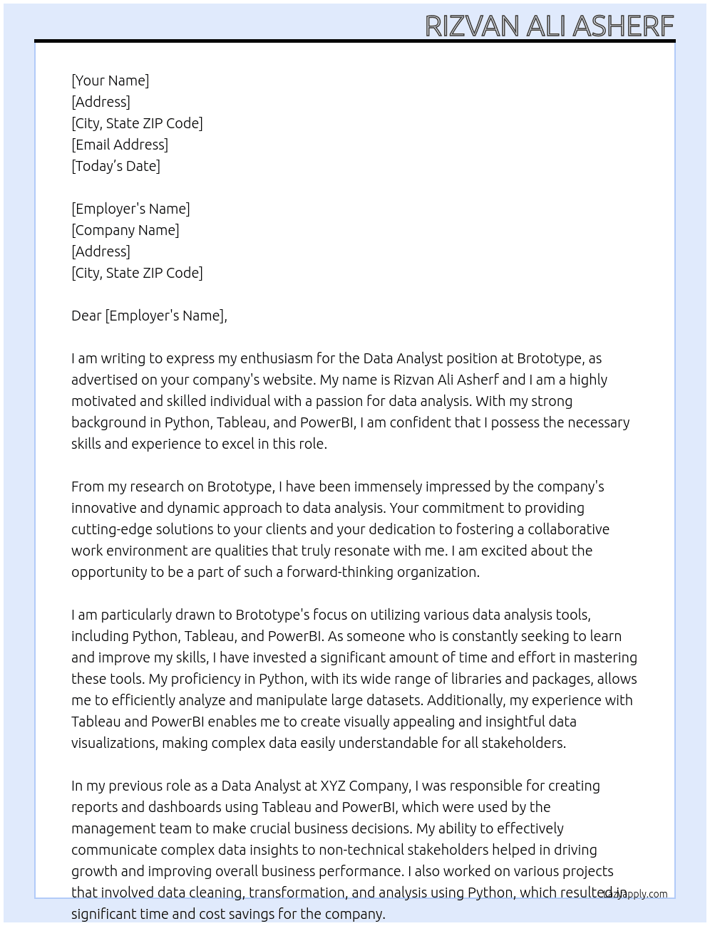 Data Anylist At Brototype Cover Letter