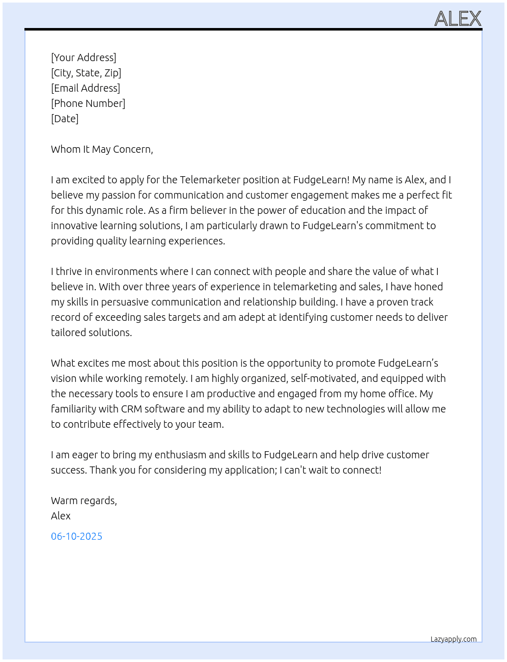 Telemarketer At FudgeLearn Cover Letter
