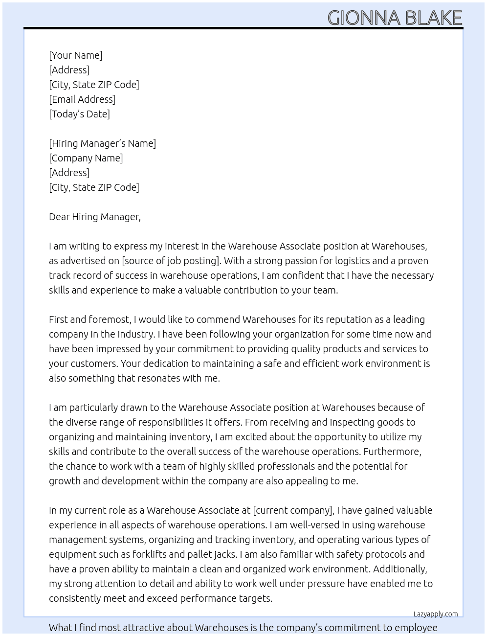 Warehouse Associate  At Warehouses Cover Letter