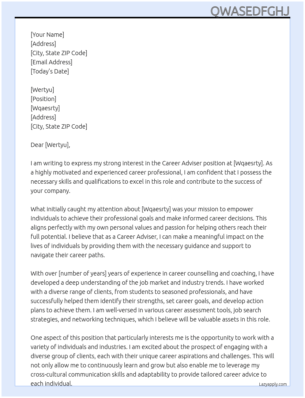 Career adviser At wqaesrty Cover Letter