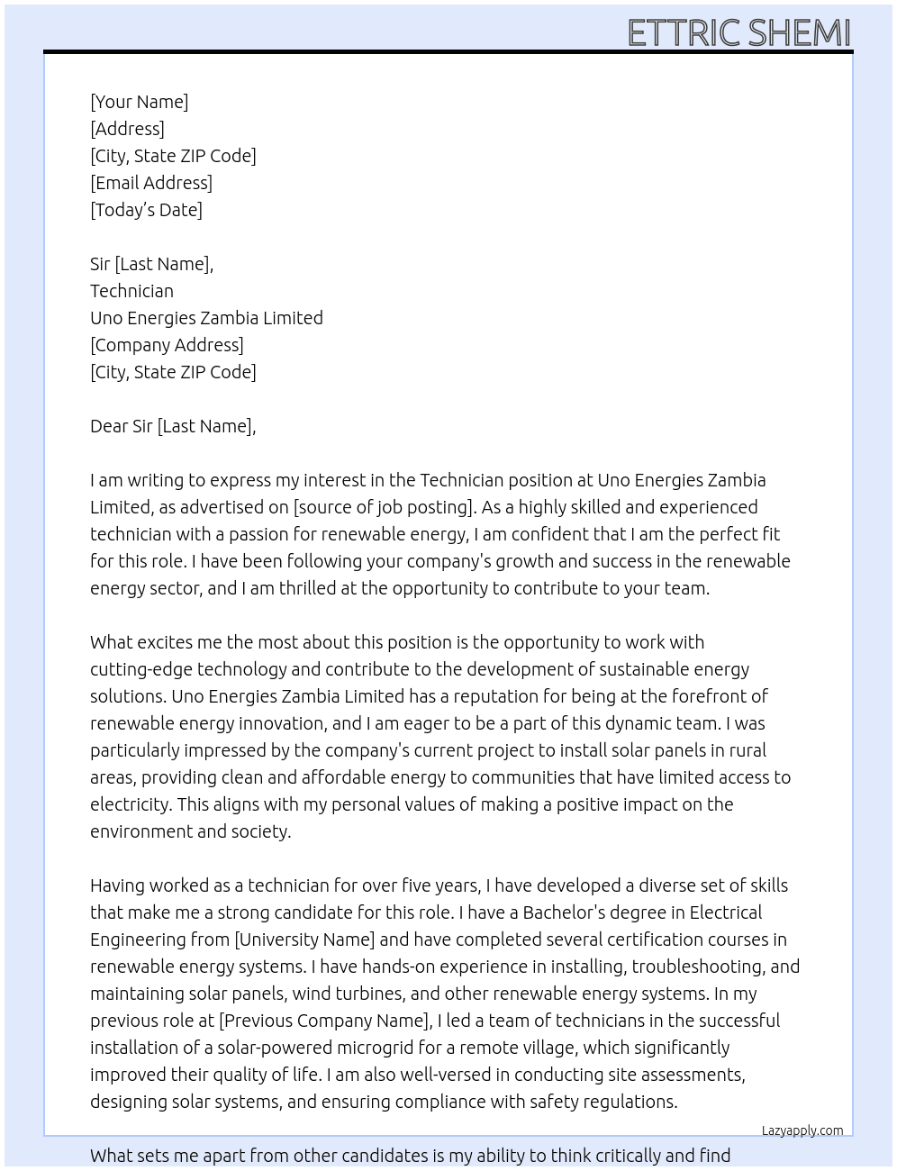 Technician At Uno Energies Zambia Limited Cover Letter