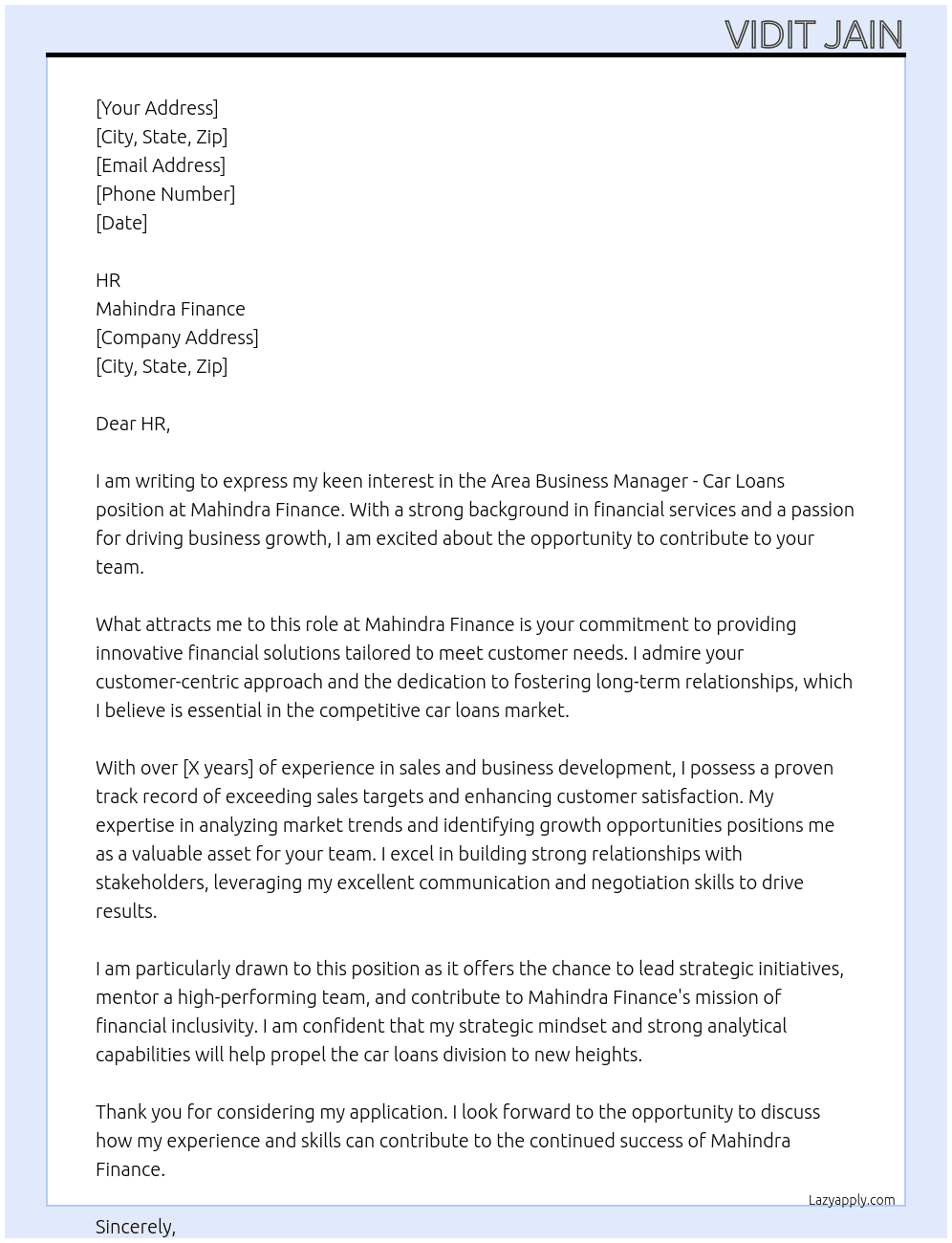 AREA BUSINESS MANAGER CAR LOANS At MAHINDRA FINANCE Cover Letter