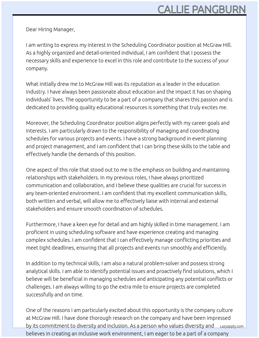 Scheduling Coordinator At McGraw Hill Cover Letter