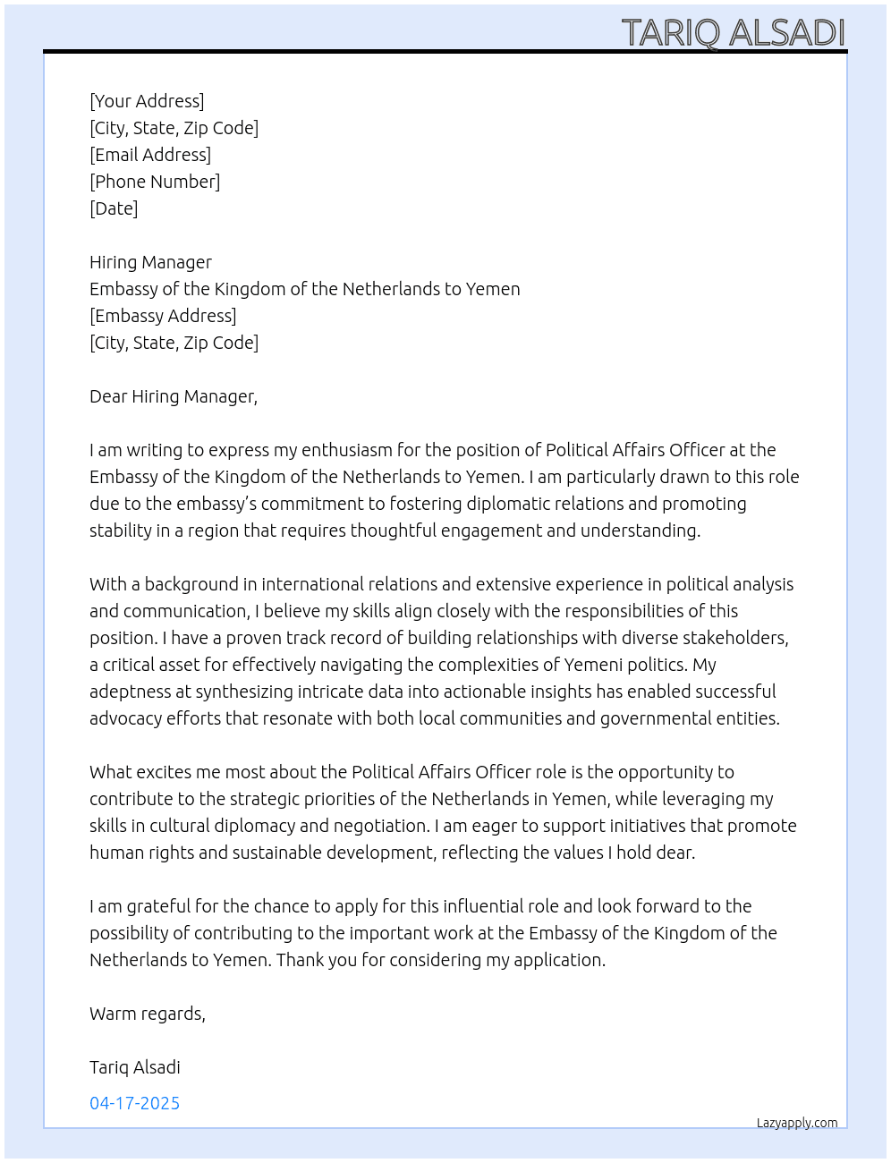 Cover letter for political affairs officer - LazyApply