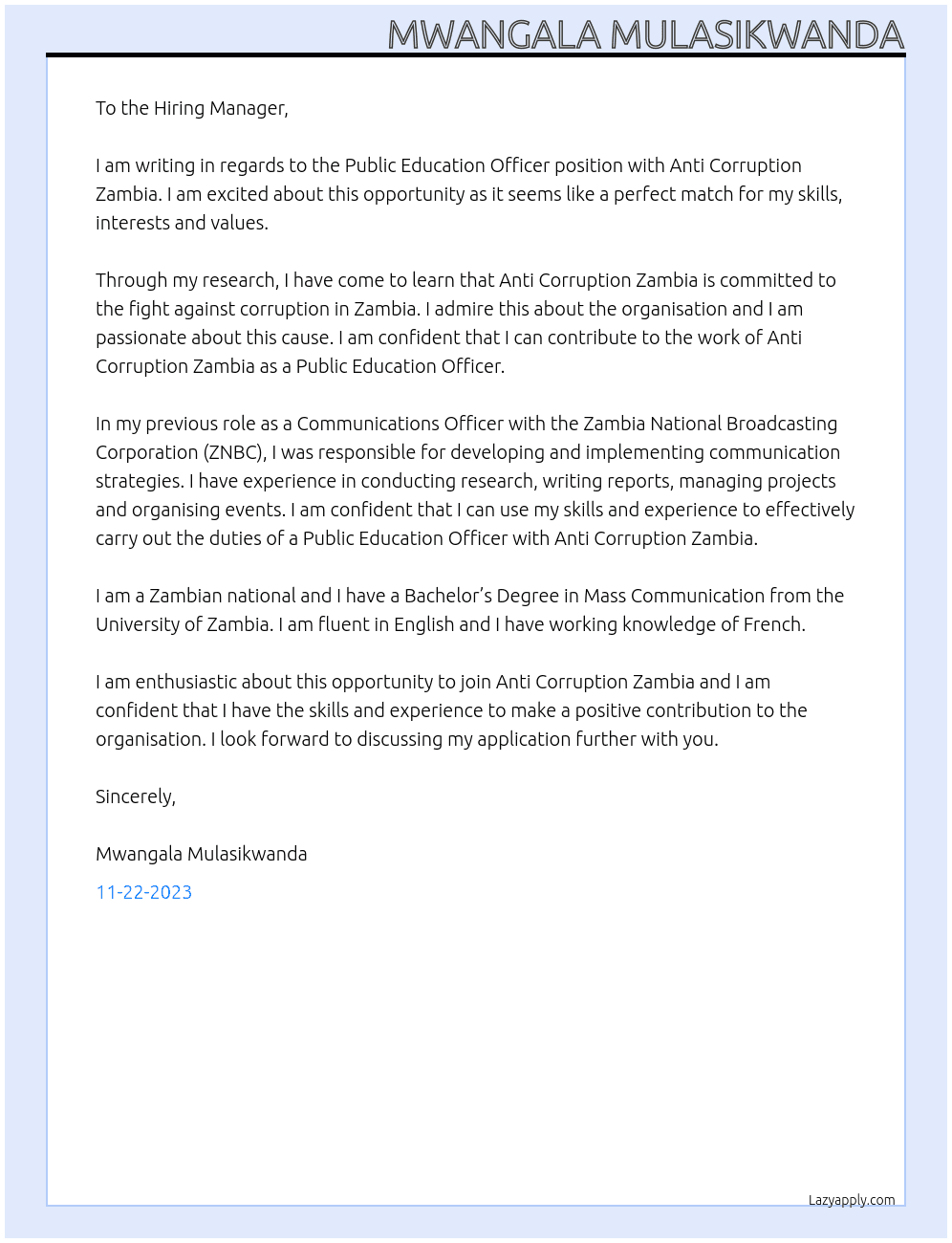 public education officer At anti corruption zambia Cover Letter