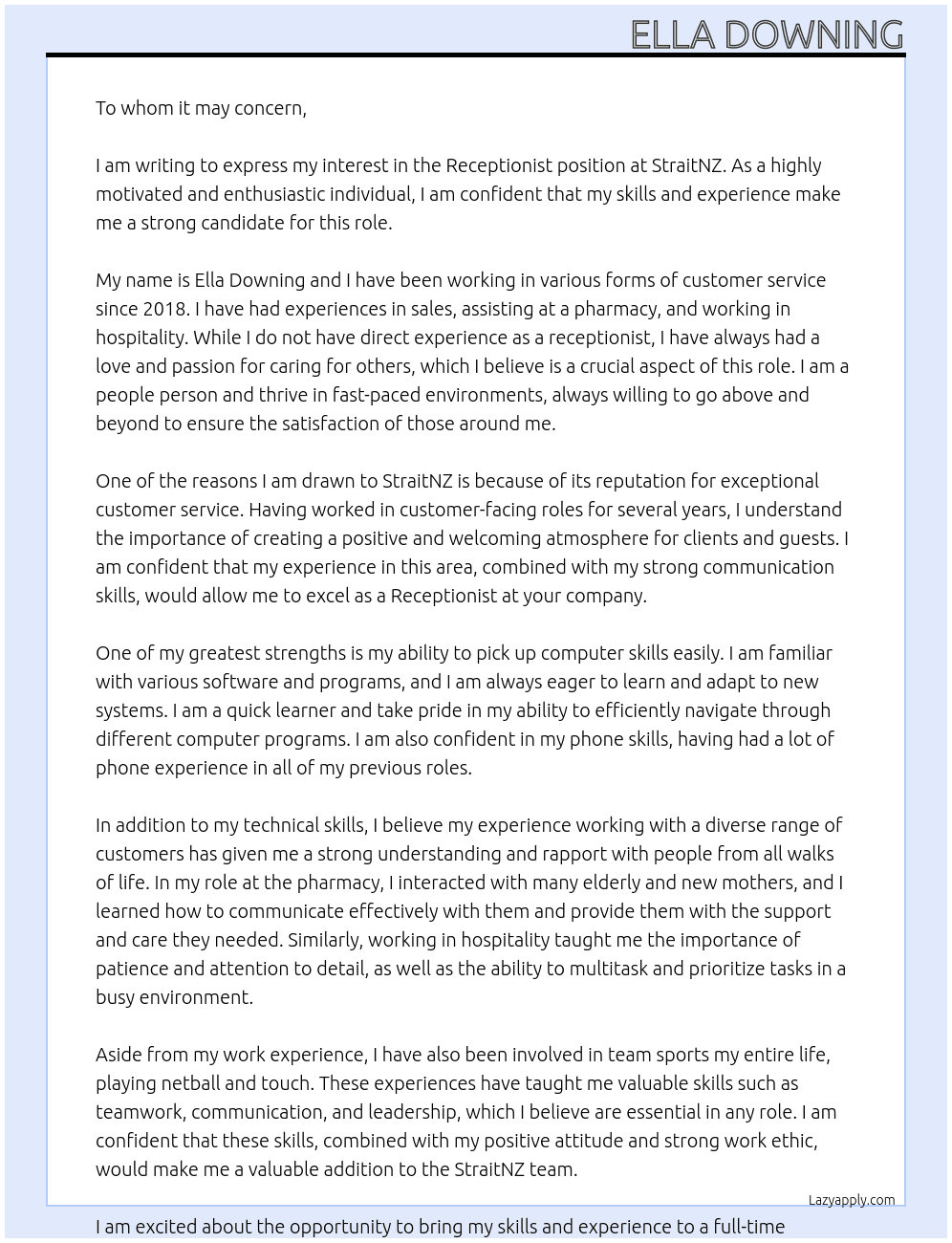 Receptionist At StraitNZ Cover Letter